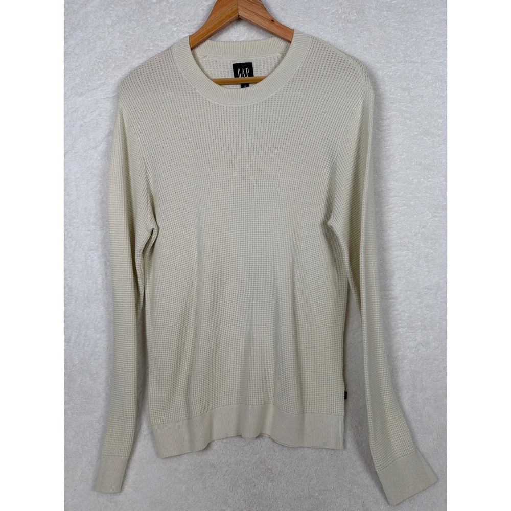 Gap Sweater Mens Medium Cream Off-White Waffle Knit Crewneck GP008436